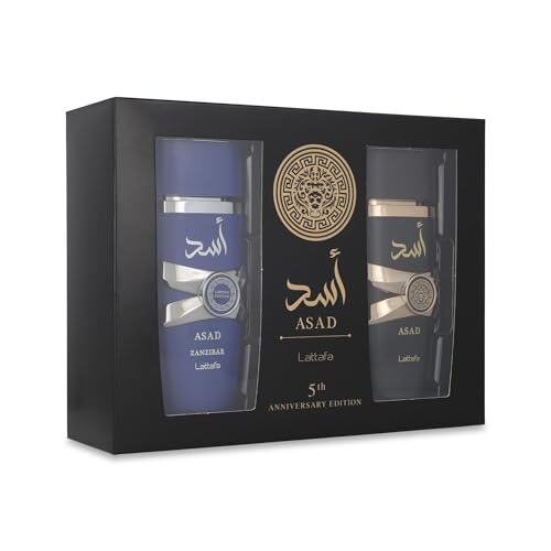 Lattafa Asad 5th Anniversary Edition   Spicy  Woody  Amber  Sweet   2 Piece Eau de Parfum Gift Set for Men  Asad   Asad Zanzibar  2   3 4 Ounce / 100 ml Sprays 