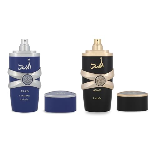 Lattafa Asad 5th Anniversary Edition   Spicy  Woody  Amber  Sweet   2 Piece Eau de Parfum Gift Set for Men  Asad   Asad Zanzibar  2   3 4 Ounce / 100 ml Sprays 