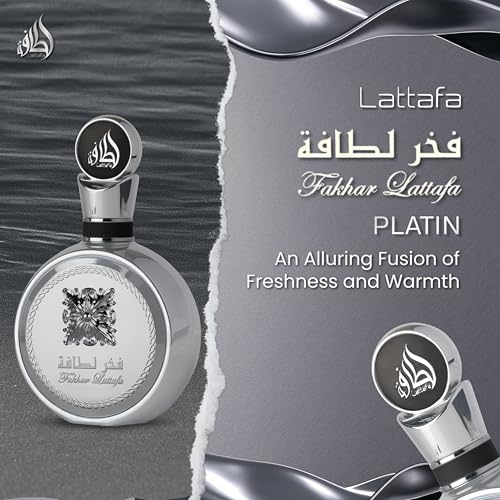 Lattafa Fakhar Platin Eau de Parfum para hombre, 3.4 fl oz, fragancia picante de madera con bergamota, jengibre y sándalo, aroma audaz y moderno, perfume árabe de larga duración