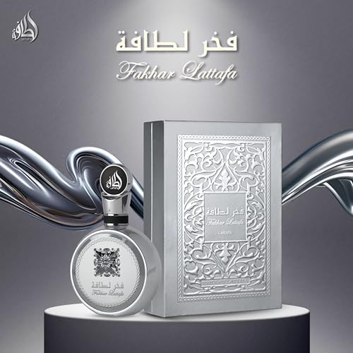 Lattafa Fakhar Platin Eau de Parfum para hombre, 3.4 fl oz, fragancia picante de madera con bergamota, jengibre y sándalo, aroma audaz y moderno, perfume árabe de larga duración