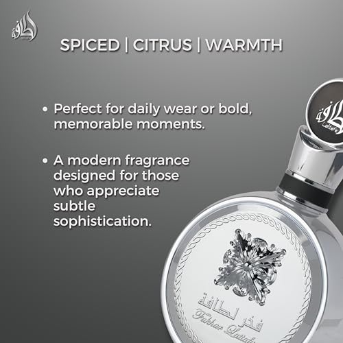 Lattafa Fakhar Platin Eau de Parfum para hombre, 3.4 fl oz, fragancia picante de madera con bergamota, jengibre y sándalo, aroma audaz y moderno, perfume árabe de larga duración