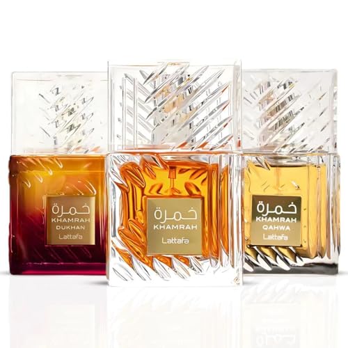 Lattafa Khamrah  Khamrah Qahwa & Khamrah Dukhan Eau De Parfum Sprays 100ML  3 4 OZ    Unisex Long Lasting Fragrance   3 Pack Gift Set   Premium Middle Eastern Perfume