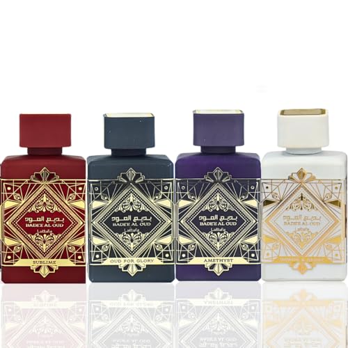 Lattafa Perfumes Badee Al Oud for Unisex 4 Piece Eau de Parfum Gift Set  Oud for Glory   Sublime   Amethyst   Honor & Glory  3 4 Ounce/100 ml each