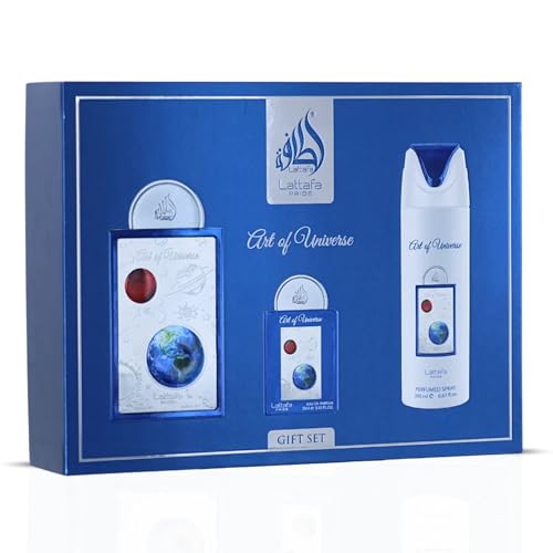 Lattafa Pride Art of Universe   Citrus  Fruity  Sweet  Amber   3 Piece Gift Set for Unisex  3 4 oz Eau de Parfum Spray   0 65 oz Eau de Parfum Spray   6 67 oz Deodorant Spray 