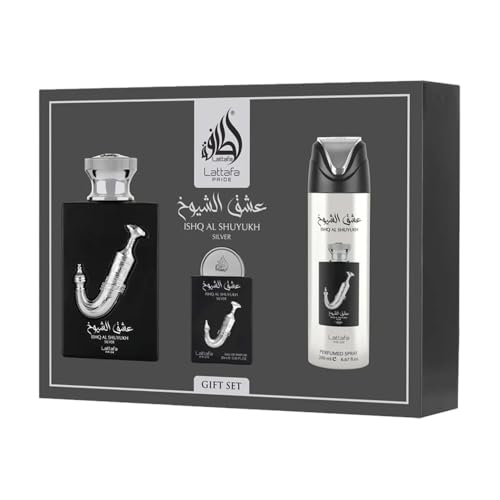 Lattafa Pride   Ishq Al Shuyukh Silver for Men   3 Pc Gift Set 3 4oz EDP Spray  6 67oz Perfumed Body Spray  0 67oz EDP Spray
