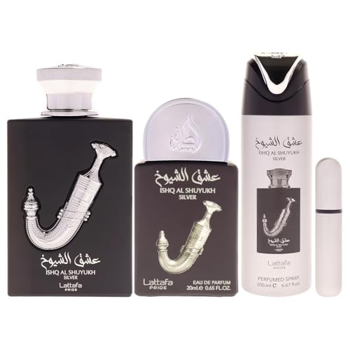 Lattafa Pride   Ishq Al Shuyukh Silver for Men   3 Pc Gift Set 3 4oz EDP Spray  6 67oz Perfumed Body Spray  0 67oz EDP Spray