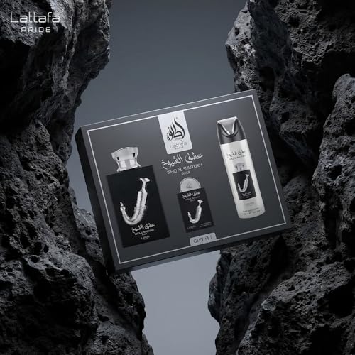 Lattafa Pride   Ishq Al Shuyukh Silver for Men   3 Pc Gift Set 3 4oz EDP Spray  6 67oz Perfumed Body Spray  0 67oz EDP Spray