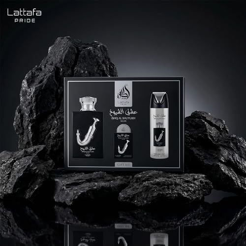 Lattafa Pride   Ishq Al Shuyukh Silver for Men   3 Pc Gift Set 3 4oz EDP Spray  6 67oz Perfumed Body Spray  0 67oz EDP Spray