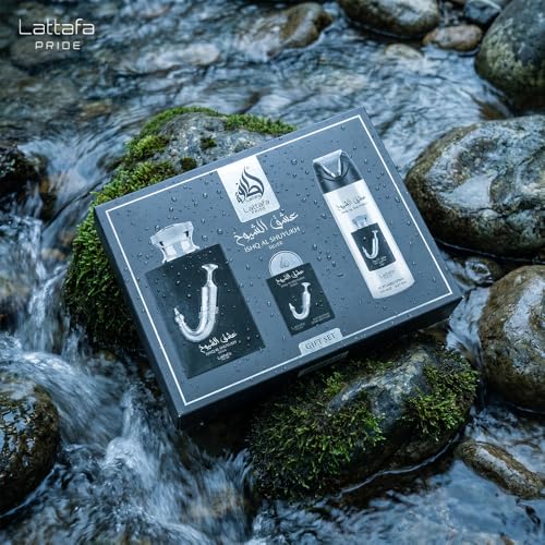 Lattafa Pride   Ishq Al Shuyukh Silver for Men   3 Pc Gift Set 3 4oz EDP Spray  6 67oz Perfumed Body Spray  0 67oz EDP Spray