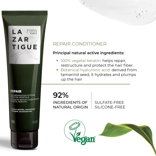 Lazartigue Repair Conditioner, Vegetal Keratin & Hyaluronic Acid, Restorative Care for Damaged Hair, Vegan, Sulfate & Silicone Free