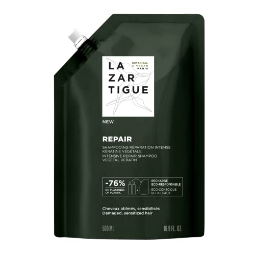 Lazartigue Champú reparador, enriquecido con queratina vegetal, ayuda a dañar profundamente y reestructura la fibra capilar, fortalece el cabello y lo deja sedoso hasta las puntas