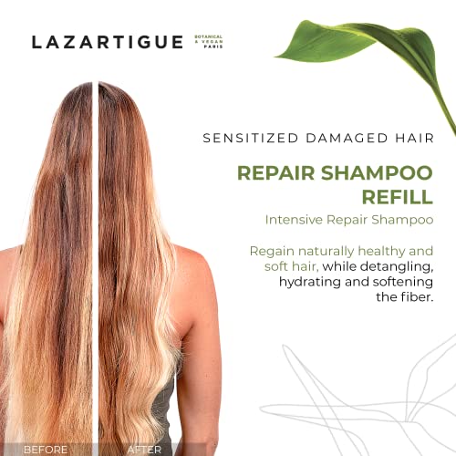 Lazartigue Champú reparador, enriquecido con queratina vegetal, ayuda a dañar profundamente y reestructura la fibra capilar, fortalece el cabello y lo deja sedoso hasta las puntas