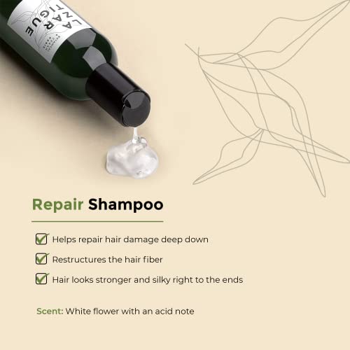 Lazartigue Champú reparador, enriquecido con queratina vegetal, ayuda a dañar profundamente y reestructura la fibra capilar, fortalece el cabello y lo deja sedoso hasta las puntas