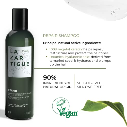 Lazartigue Champú reparador, enriquecido con queratina vegetal, ayuda a dañar profundamente y reestructura la fibra capilar, fortalece el cabello y lo deja sedoso hasta las puntas