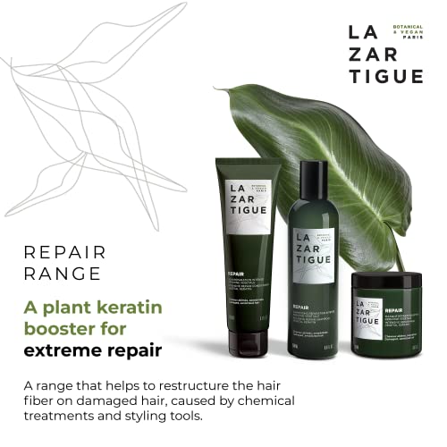 Lazartigue Champú reparador, enriquecido con queratina vegetal, ayuda a dañar profundamente y reestructura la fibra capilar, fortalece el cabello y lo deja sedoso hasta las puntas
