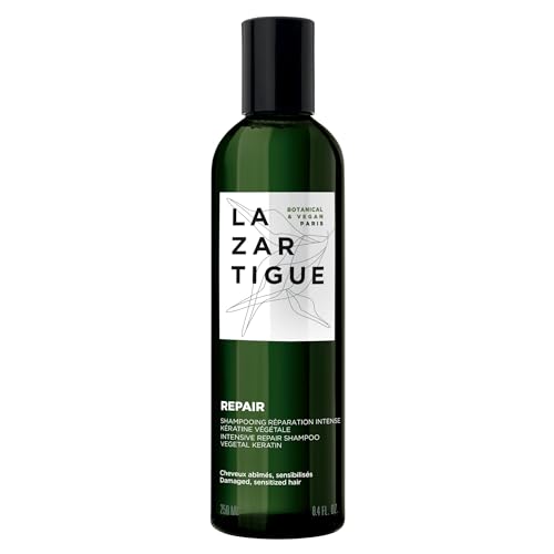Lazartigue Champú reparador, enriquecido con queratina vegetal, ayuda a dañar profundamente y reestructura la fibra capilar, fortalece el cabello y lo deja sedoso hasta las puntas