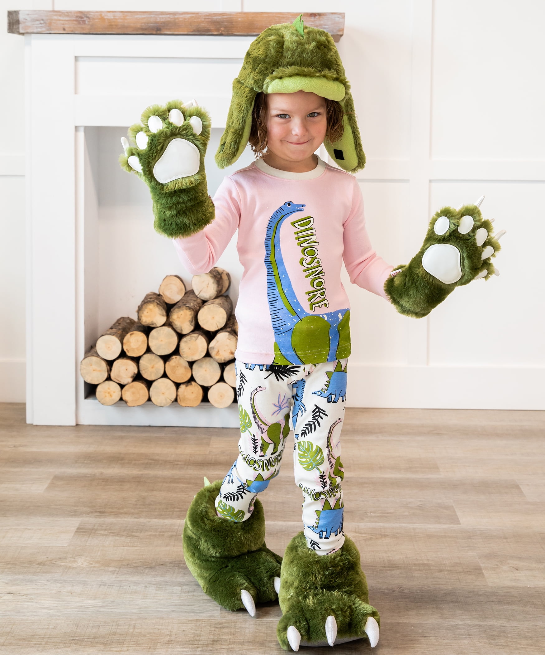 LazyOne Animal Paw Slippers  Green Dinosaur  Child and Adult Unisex Furry Slipper  Large