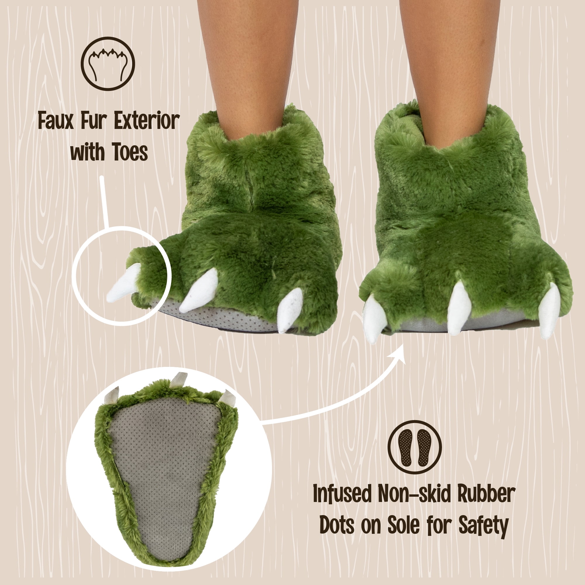 LazyOne Animal Paw Slippers  Green Dinosaur  Child and Adult Unisex Furry Slipper  Large