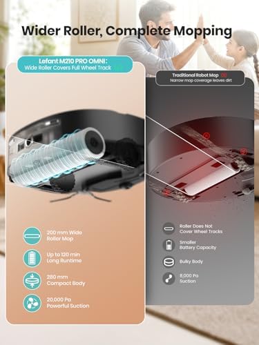 Lefant Robot Vacuum and Mop  20000Pa Strong Suction  Self Cleaning Roller Mop with Auto Drying  LiDAR Navigation & Obstacle Avoidance  Tangle Free Pet Hair  Slim  800ml Dustbin  5G WiFi  M210 Pro OMNI