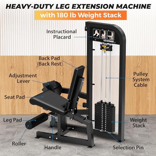 Leg Extension Machine with 180 lb Weight Stack   Heavy Duty Commercial Grade Lower Body Home Gym Equipment   Adjustable for Comfort   Strengthens Quads  Builds Knee Stability & Muscle Tone