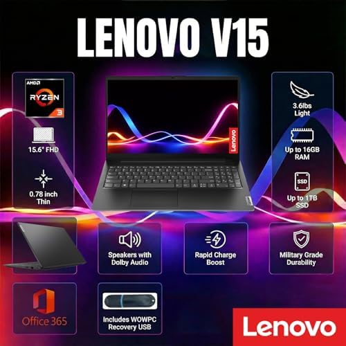 Lenovo 2026 V15 Business Laptop with Microsoft Office 365  AMD 7000 Series Ryzen CPU  Beats Intel i7 1160G7   15 6 FHD IPS Display  16GB RAM  256GB SSD  RJ 45  Windows 11 Pro  WOWPC USB  No Mouse
