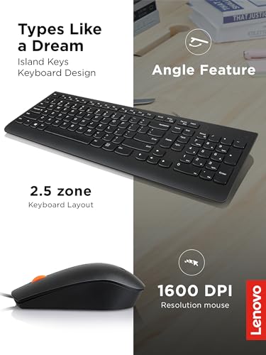 Lenovo 300 USB Combo  Full Size Wired Keyboard & Mouse  Ergonomic  Left or Right Hand Mouse  Optical Mouse  GX30M39606  Black