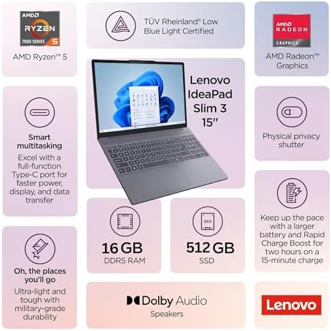 Lenovo Gaming Laptop  15 WUXGA IPS Display  AMD Ryzen 5 7535HS  16GB DDR5 RAM  512GB PCIe SSD  Radeon 660M Graphics  Copilot AI PC  WiFi 6  Bluetooth 5 3  HDMI  Type C  Luna Grey  Windows 11 Home