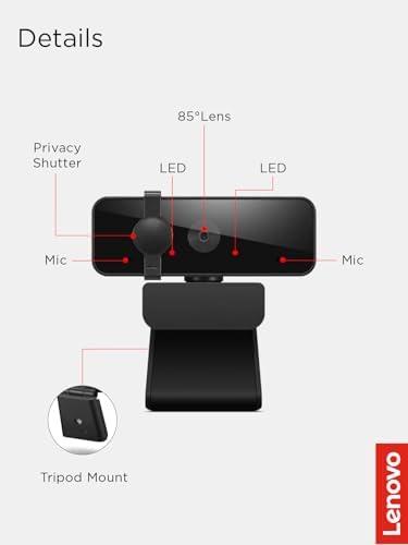 Lenovo HD 1080p Webcam  300 FHD   Black w/ 95  Wide Angle  360  Rotation Pan & Tilt  Dual Microphones  Privacy Shutter