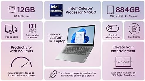 Computadora portátil Lenovo IdeaPad 14" 2025, 12 GB RAM, 884 GB de almacenamiento (256 GB SSD +128 GB eMMC +500 GB Ext), procesador Intel Core, gráficos UHD, batería larga WiFi-6, accesorio Marxsol