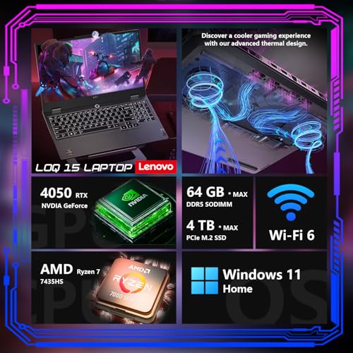 Lenovo LOQ 15 15ARP9 RTX 4050 Gaming Laptop  15 6 FHD 144Hz IPS Display  AMD Ryzen 7 7435HS  NVIDIA GeForce RTX 4050  16GB DDR5 RAM  1TB SSD  Backlit Keyboard  Wi Fi 6  Bundle with PCO Laptop Cooler