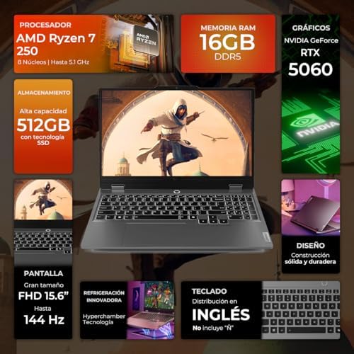 Lenovo LOQ 15 6 IPS LCD FHD 144Hz AI Powered Gaming Notebook AMD Ryzen 7 250 16GB RAM 512GB NVIDIA GeForce RTX 5060 Luna Grey