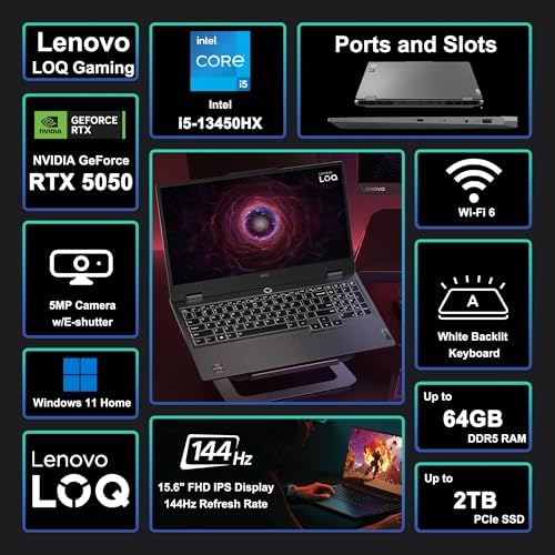 Lenovo LOQ Gaming Laptop 15 6 FHD IPS 144Hz  100  sRGB  G SYNC  Intel 10 core i5 13450HX 16GB RAM 512GB SSD GeForce RTX 5050 DLSS4  440 AI Tops  Backlit Nahimic 5MP Privacy Camera Win11 ICP Hub