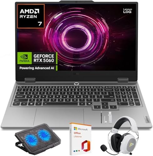 Lenovo LOQ Gaming Laptop  15 6 FHD 144Hz Display  AMD Ryzen 7 250  NVIDIA GeForce RTX 5060  16GB RAM  512GB SSD  Wi Fi 6  Backlit Keyboard  Win 11 Home  Luna Grey  w/Mytrix Accessory Lifetime Office
