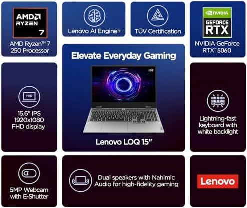 Lenovo LOQ RTX 5060 Gaming Laptop  15 6 FHD 144Hz NVIDIA G Sync Display  AMD Ryzen 7 250  NVIDIA GeForce RTX 5060  32GB DDR5 RAM  1TB SSD  5MP Privacy Camera  Ethernet  RJ45   Backlit KB  Win 11 Home