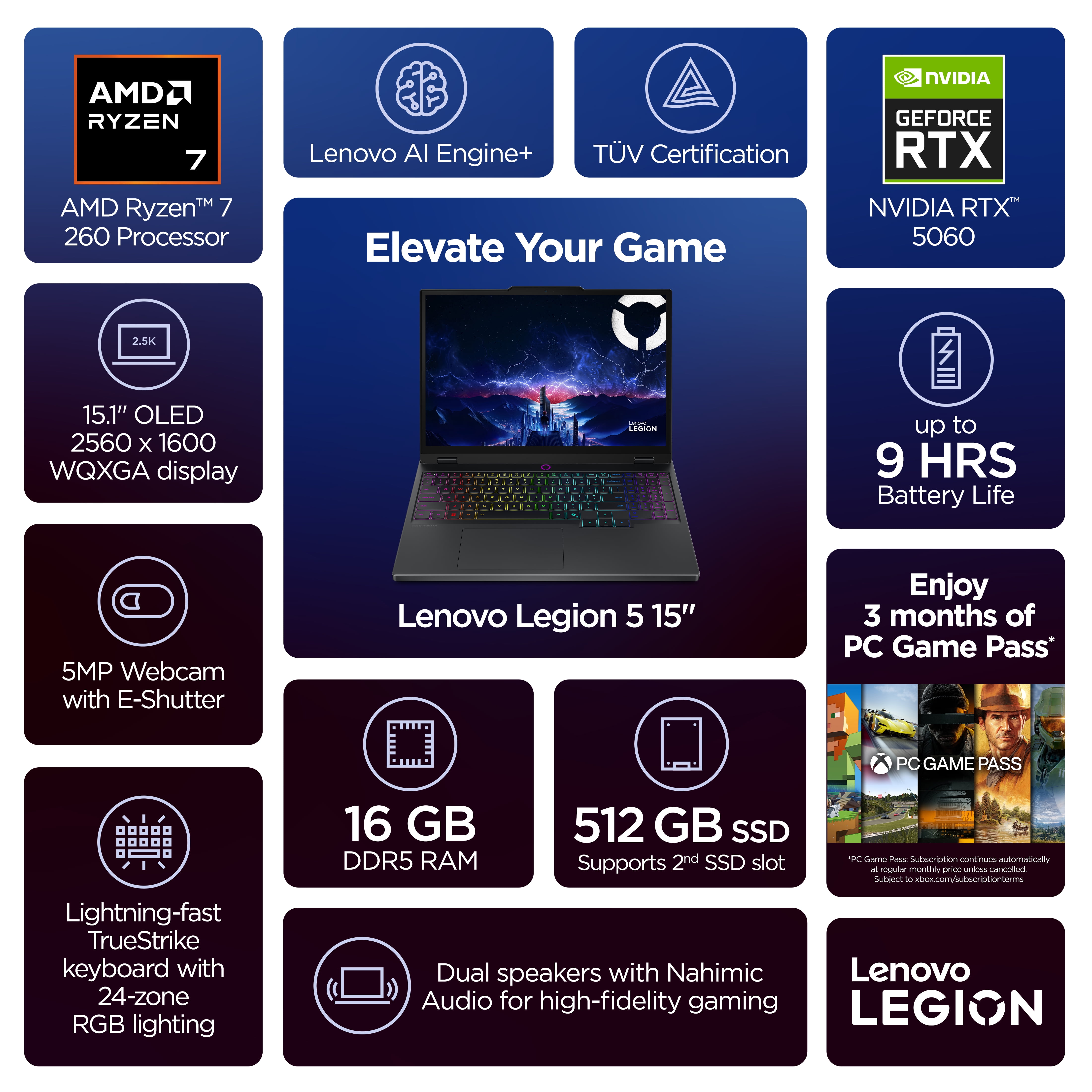 Lenovo Legion 5 15.1" WQXGA OLED Portátil, Ryzen 7 260, 16GB, 512GB, NVIDIA GeForce RTX 5060, 83M0004AUS