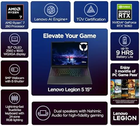Lenovo Legion 5 Gaming Laptop  Ryzen 7 260  NVIDIA GeForce RTX 5060  15 1 WQXGA  2560x1600  OLED Display  Backlit Keyboard  Wi Fi 7  w/Mouse pad  16GB RAM   1TB PCIe SSD 