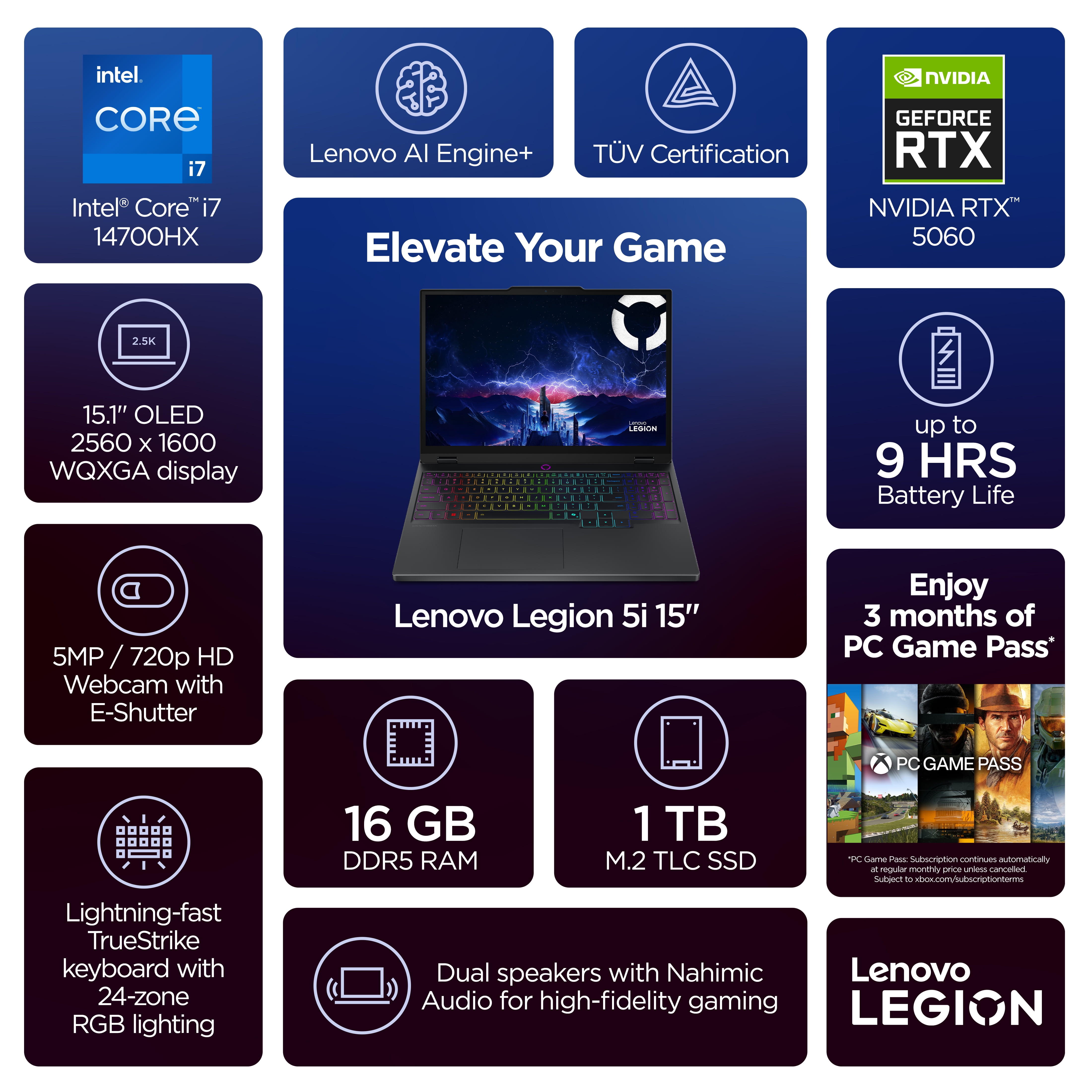 Lenovo Legion 5i 15 1" OLED WQXGA Laptop  Core i7 14700HX  16GB  1TB  NVIDIA  GeForce RTX  5060 8GB  83LY0000US