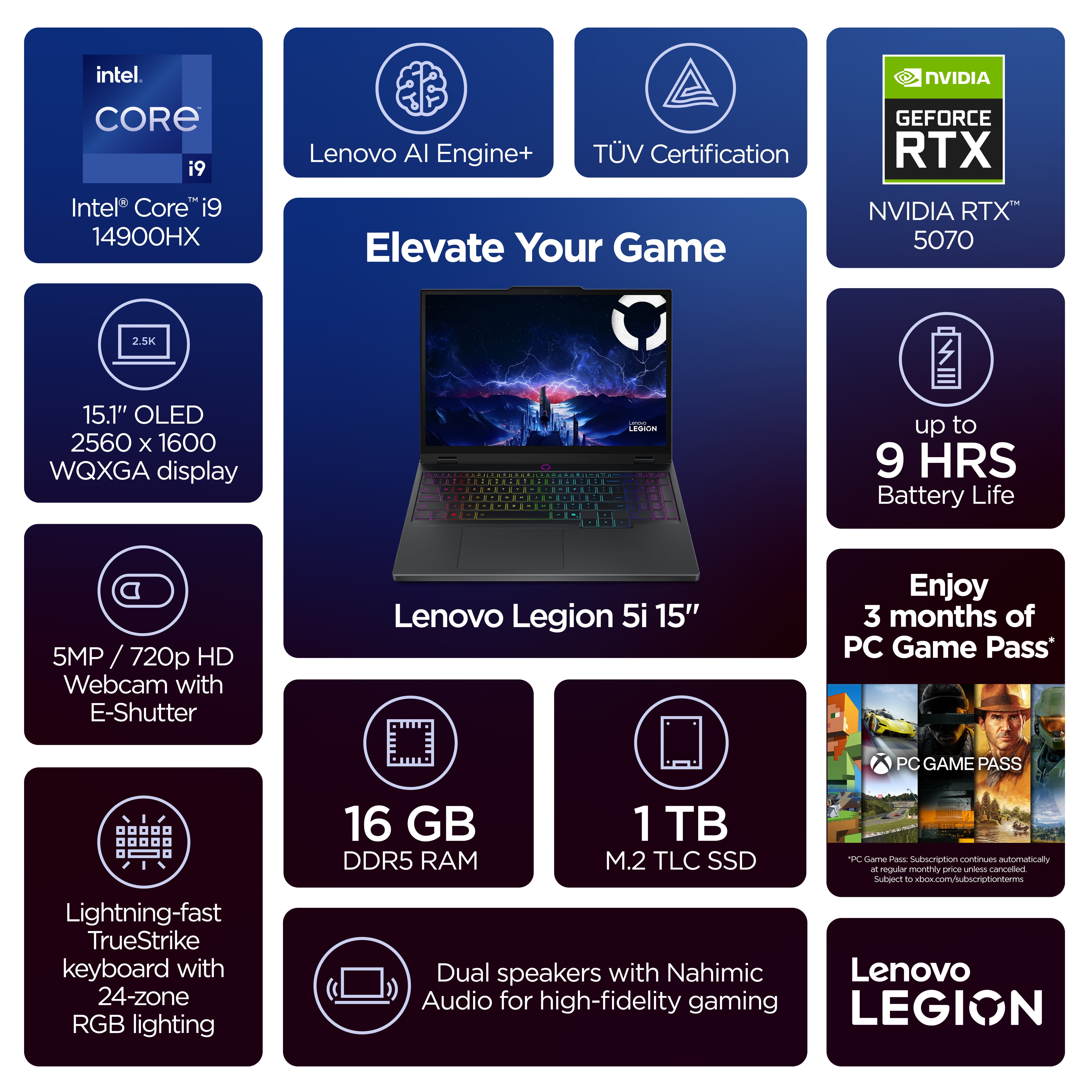 Lenovo Legion 5i 15 1" OLED WQXGA Laptop  Core i9 14900HX  16GB  1TB  NVIDIA  GeForce RTX  5070 8GB  83LY0007US