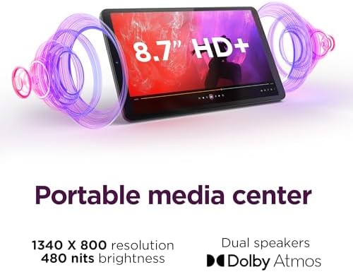 Lenovo Tab One   Lightweight Tablet   up to 12 5 Hours of YouTube Streaming   8 7 HD Display   4 GB Memory   64 GB Storage   MediaTek Helio G85   Includes Folio Case