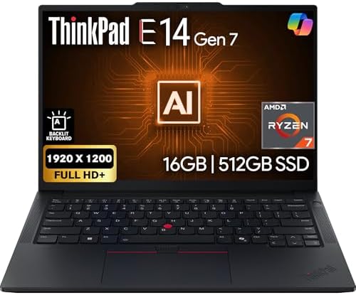 Lenovo ThinkPad E14 Gen 7 14 FHD  Display  AMD Ryzen 7 250  Beats Core 7 240H   16GB DDR5 RAM  512GB SSD PCIe  Backlit KB  WiFi 6E   BT  RJ 45  FHD Webcam  Windows 11 Pro  AI Business Laptop   Black
