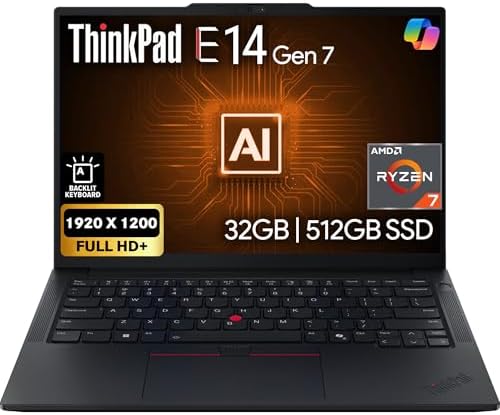Lenovo ThinkPad E14 Gen 7 14 FHD  Display  AMD Ryzen 7 250  Beats Core 7 240H   16GB DDR5 RAM  512GB SSD PCIe  Backlit KB  WiFi 6E   BT  RJ 45  FHD Webcam  Windows 11 Pro  AI Business Laptop   Black