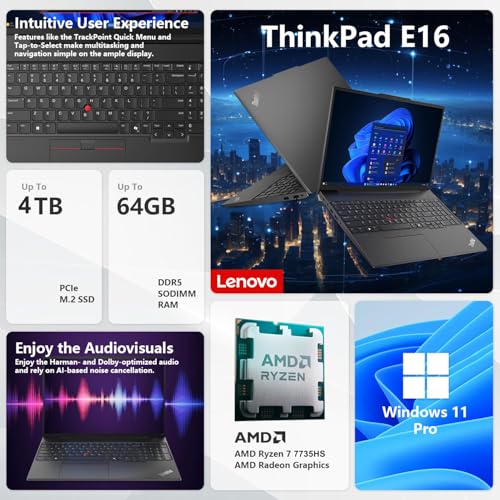 Lenovo ThinkPad E16 Gen 2 Computadora portátil empresarial, AMD 8-Core Ryzen 7 7735HS (Beat i7-1355U), 32GB DDR5 RAM, 1TB PCIe SSD, 16" FHD+, WiFi 6E, KB retroiluminado, lector de huellas dactilares