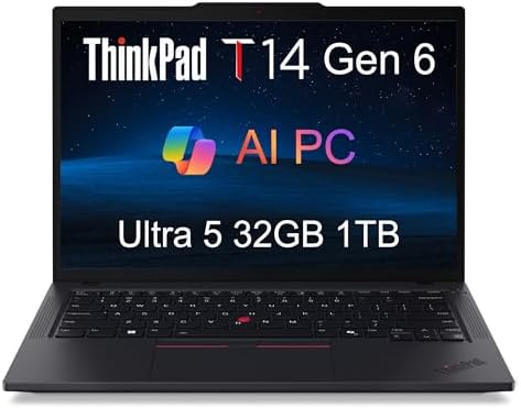 Lenovo ThinkPad T14 Gen 6 Business Laptop  14 FHD   Intel 12 Core Ultra 5 225U  > Ultra 7 155U   32GB DDR5 RAM  1TB SSD   Backlit  Fingerprint Reader  5MP Webcam  Thunderbolt 4  Win 11 Pro  AI PC