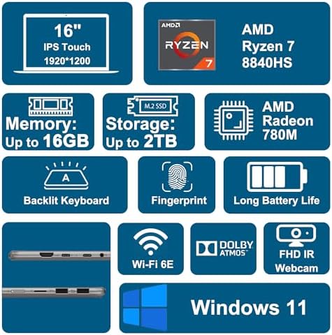 Lenovo Yoga 7 2 in 1 Laptop 16 WUXGA IPS Touch AMD 8 core Ryzen 7 8840HS  >i7 12700H  16GB RAM 512GB SSD for Creator Designer Business Professional Win11 ICP Hub PC