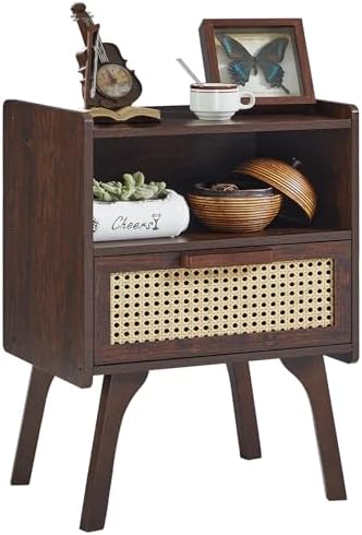 Lerliuo Rattan Nightstand  Bedside Table with Drawer Open Shelf  Cane Accent Side End Table with Solid Wood Legs  Walnut Vintage Night Stand for Bedroom  Dorm and Small Spaces