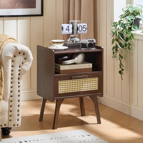 Lerliuo Rattan Nightstand  Bedside Table with Drawer Open Shelf  Cane Accent Side End Table with Solid Wood Legs  Walnut Vintage Night Stand for Bedroom  Dorm and Small Spaces