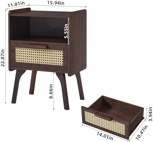 Lerliuo Rattan Nightstand  Bedside Table with Drawer Open Shelf  Cane Accent Side End Table with Solid Wood Legs  Walnut Vintage Night Stand for Bedroom  Dorm and Small Spaces