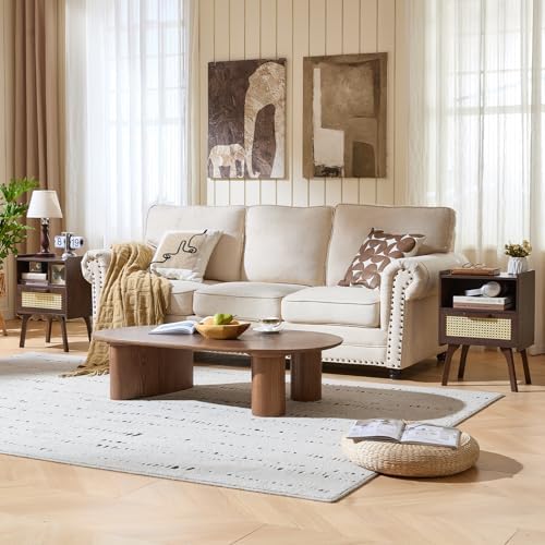 Lerliuo Rattan Nightstand  Bedside Table with Drawer Open Shelf  Cane Accent Side End Table with Solid Wood Legs  Walnut Vintage Night Stand for Bedroom  Dorm and Small Spaces