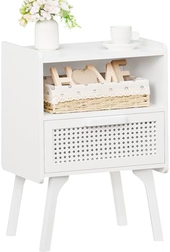 Lerliuo Rattan Nightstand  Bedside Table with Drawer Open Shelf  Cane Accent Side End Table with Solid Wood Legs  Walnut Vintage Night Stand for Bedroom  Dorm and Small Spaces