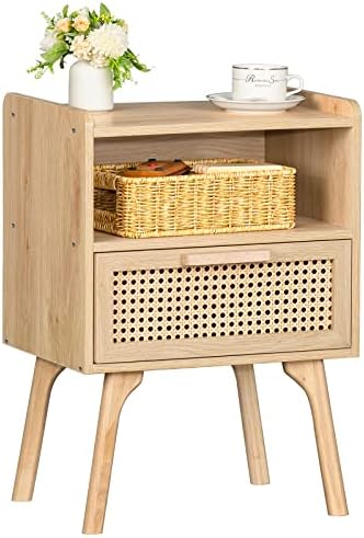 Lerliuo Rattan Nightstand  Bedside Table with Drawer Open Shelf  Cane Accent Side End Table with Solid Wood Legs  Walnut Vintage Night Stand for Bedroom  Dorm and Small Spaces